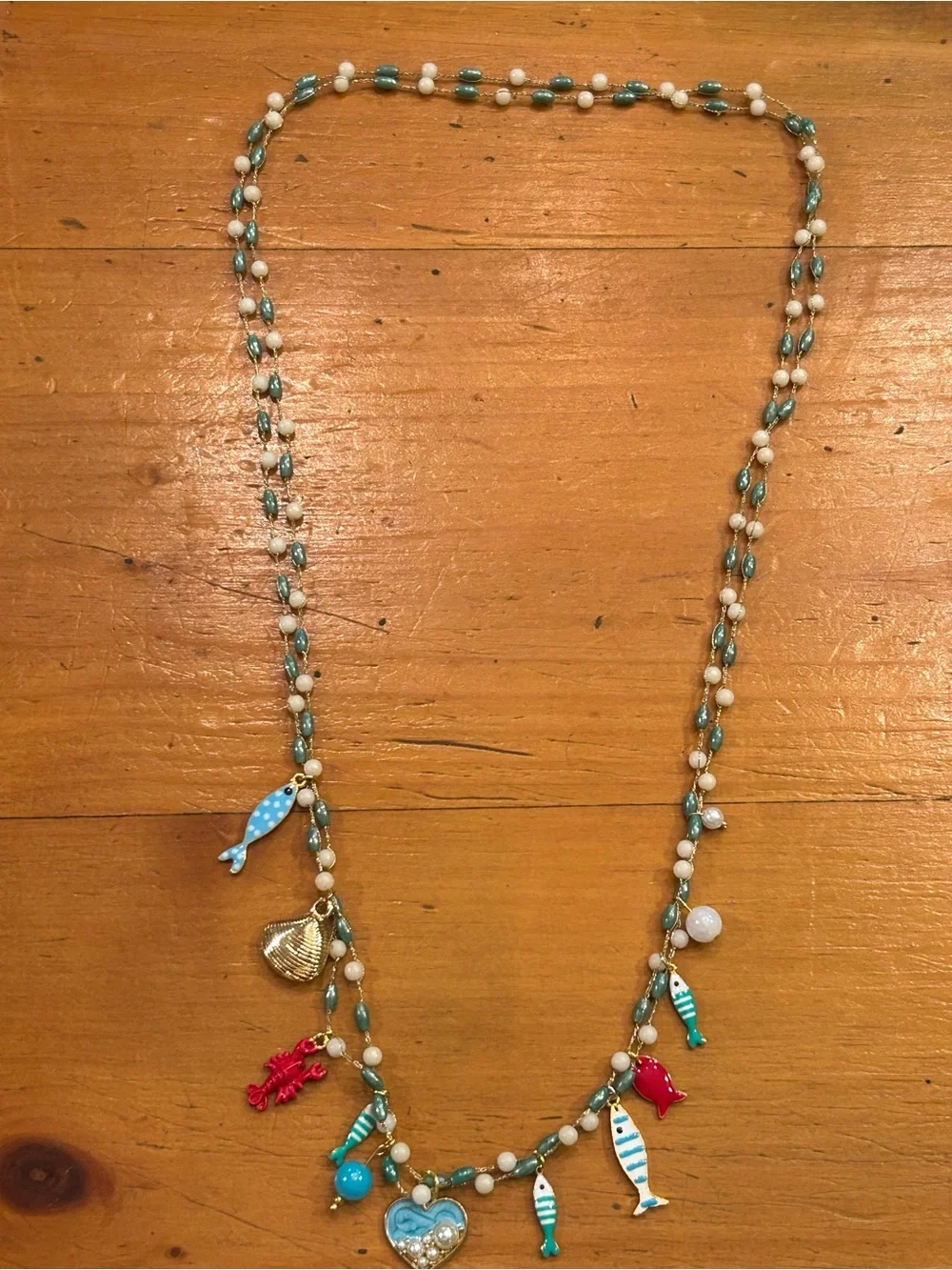 NWOT Necklace “1 Fish, 2 Fish, Red Fish…enamel Sea Life Charms, Aqua white beads